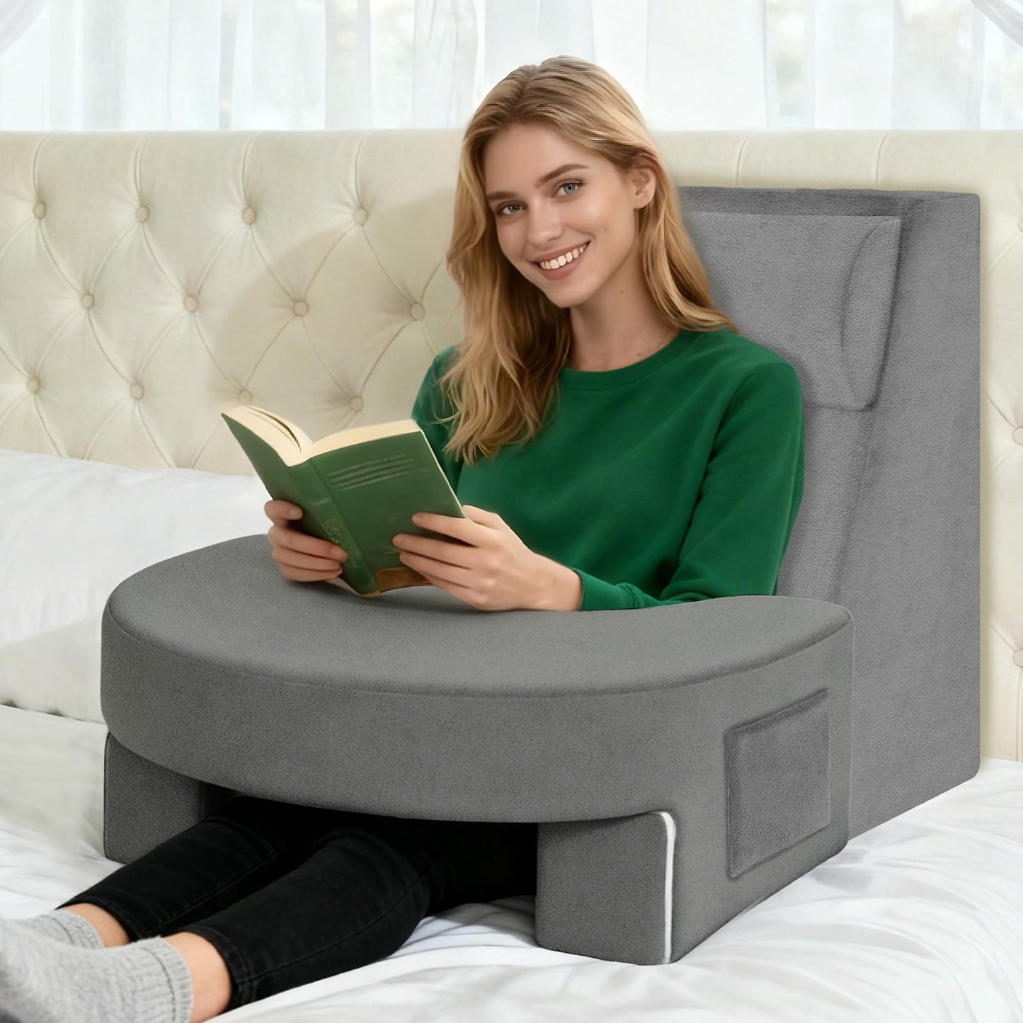Melhany Adjustable 3-Piece Reading Wedge Pillow Set with Laptop Tray, Modular Bed Rest Support System with Side Pockets