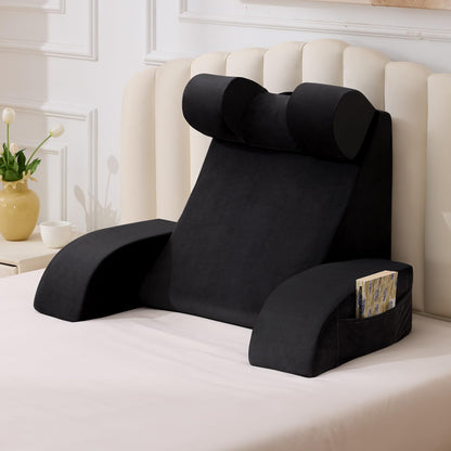 Melhany Medium Foam Reading Pillow with Detachable Arms and Headrest, Bed Rest Back Support Pillow with Side Pockets
