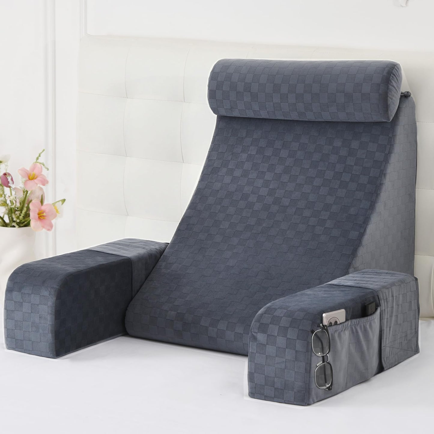 Melhany 19-Inch Wedge Reading Pillow with Removable Arms, Bed Rest Back Support Pillow with Side Pockets