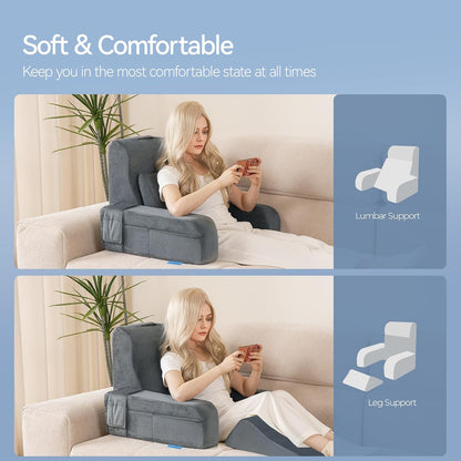 Melhany Adjustable Reading Pillow with Convertible Backrest, Memory Foam Bed Rest Pillow with Removable Arms and Side Pockets