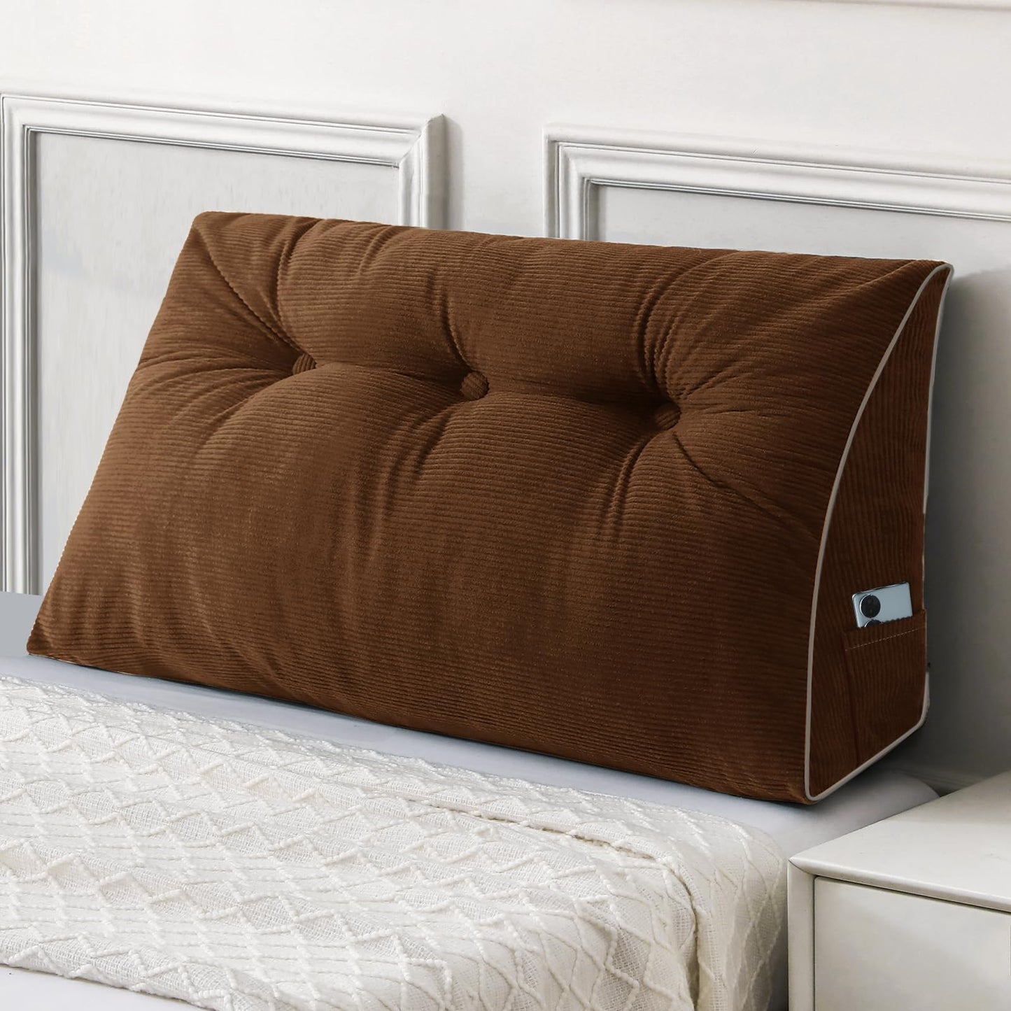 Melhany Queen Size Wedge Headboard Pillow Set with 2 Bolster Pillows, Velvet Back Support Reading Pillow with Removable Washable Cover