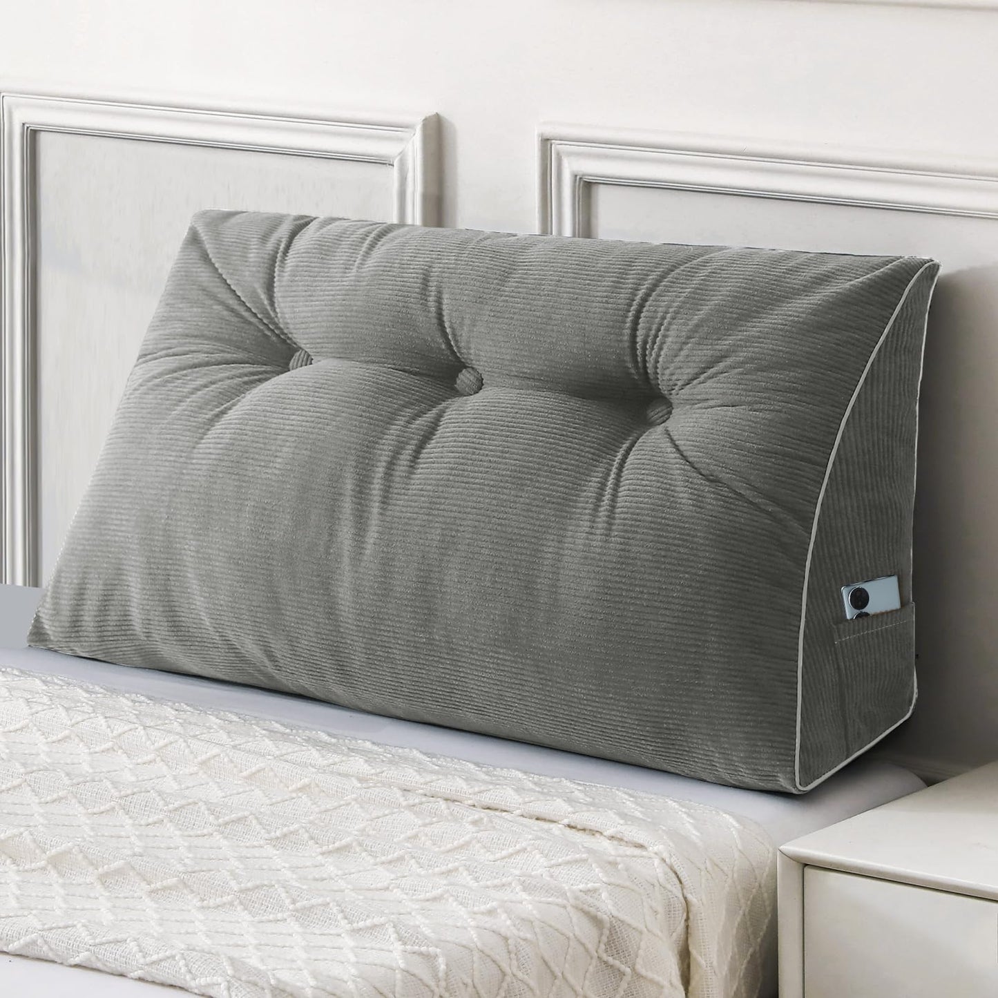 Melhany Queen Size Wedge Headboard Pillow Set with 2 Bolster Pillows, Velvet Back Support Reading Pillow with Removable Washable Cover