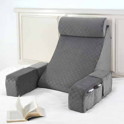 Melhany 19-Inch Wedge Reading Pillow with Removable Arms, Bed Rest Back Support Pillow with Side Pockets