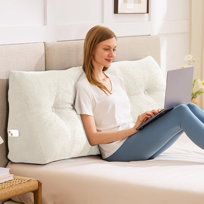 Melhany Queen Size Wedge Headboard Pillow with Side Pockets, Tufted Back Support Reading Pillow with Removable Washable Cover