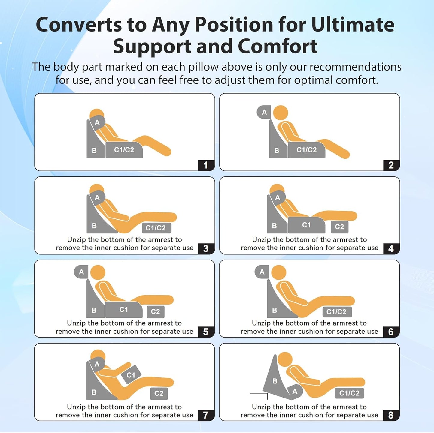 Melhany Medium Foam Reading Pillow with Detachable Arms and Headrest, Bed Rest Back Support Pillow with Side Pockets