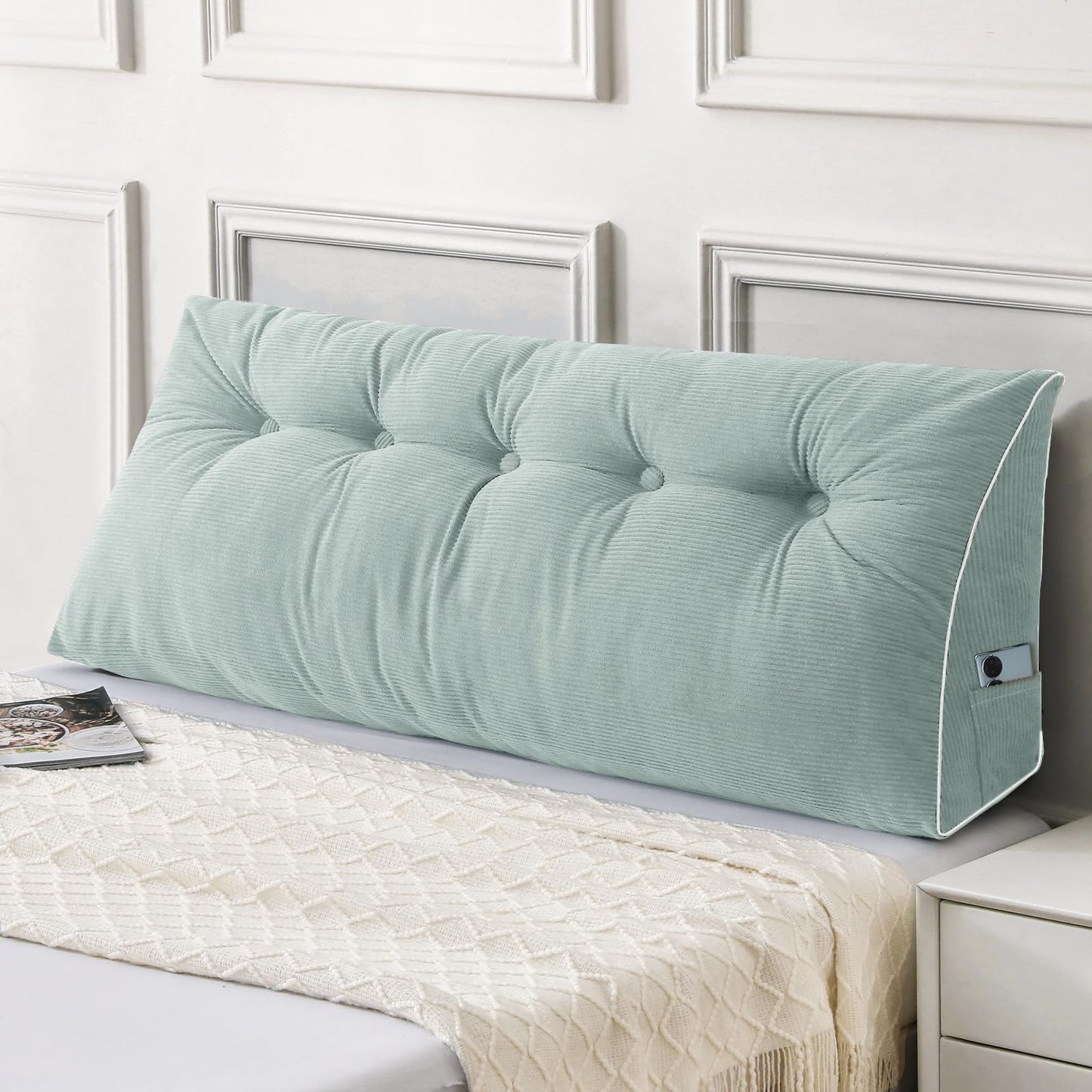 Melhany Queen Size Wedge Headboard Pillow Set with 2 Bolster Pillows, Velvet Back Support Reading Pillow with Removable Washable Cover
