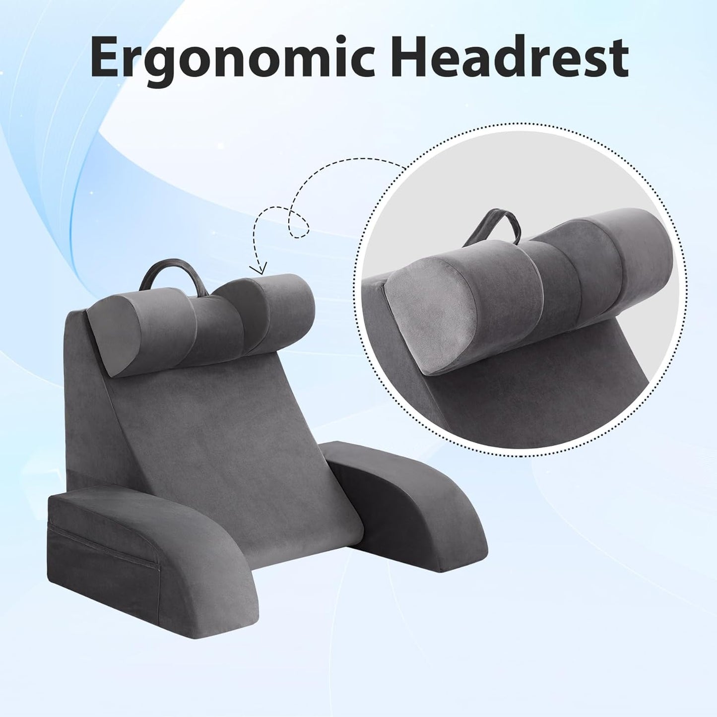 Melhany Medium Foam Reading Pillow with Detachable Arms and Headrest, Bed Rest Back Support Pillow with Side Pockets