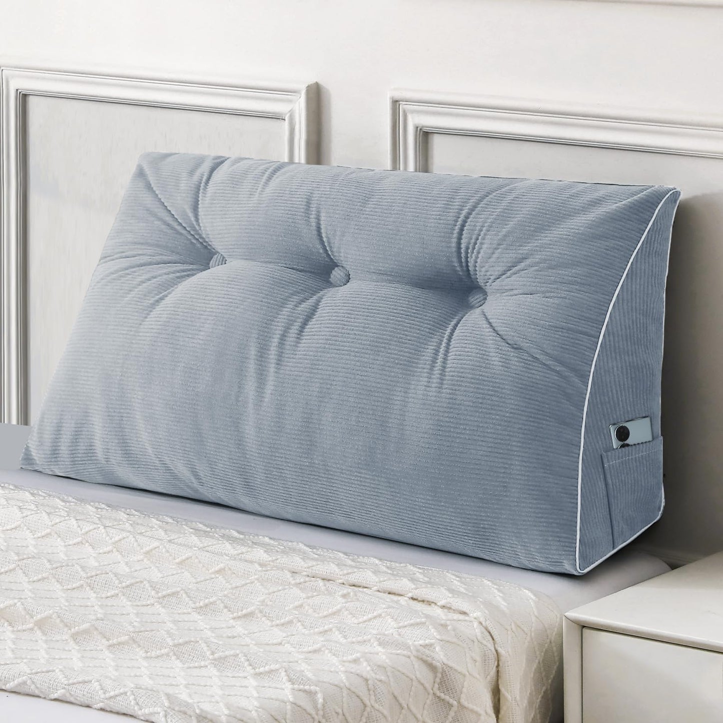 Melhany Queen Size Wedge Headboard Pillow Set with 2 Bolster Pillows, Velvet Back Support Reading Pillow with Removable Washable Cover