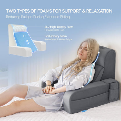 Melhany Adjustable Reading Pillow with Convertible Backrest, Memory Foam Bed Rest Pillow with Removable Arms and Side Pockets