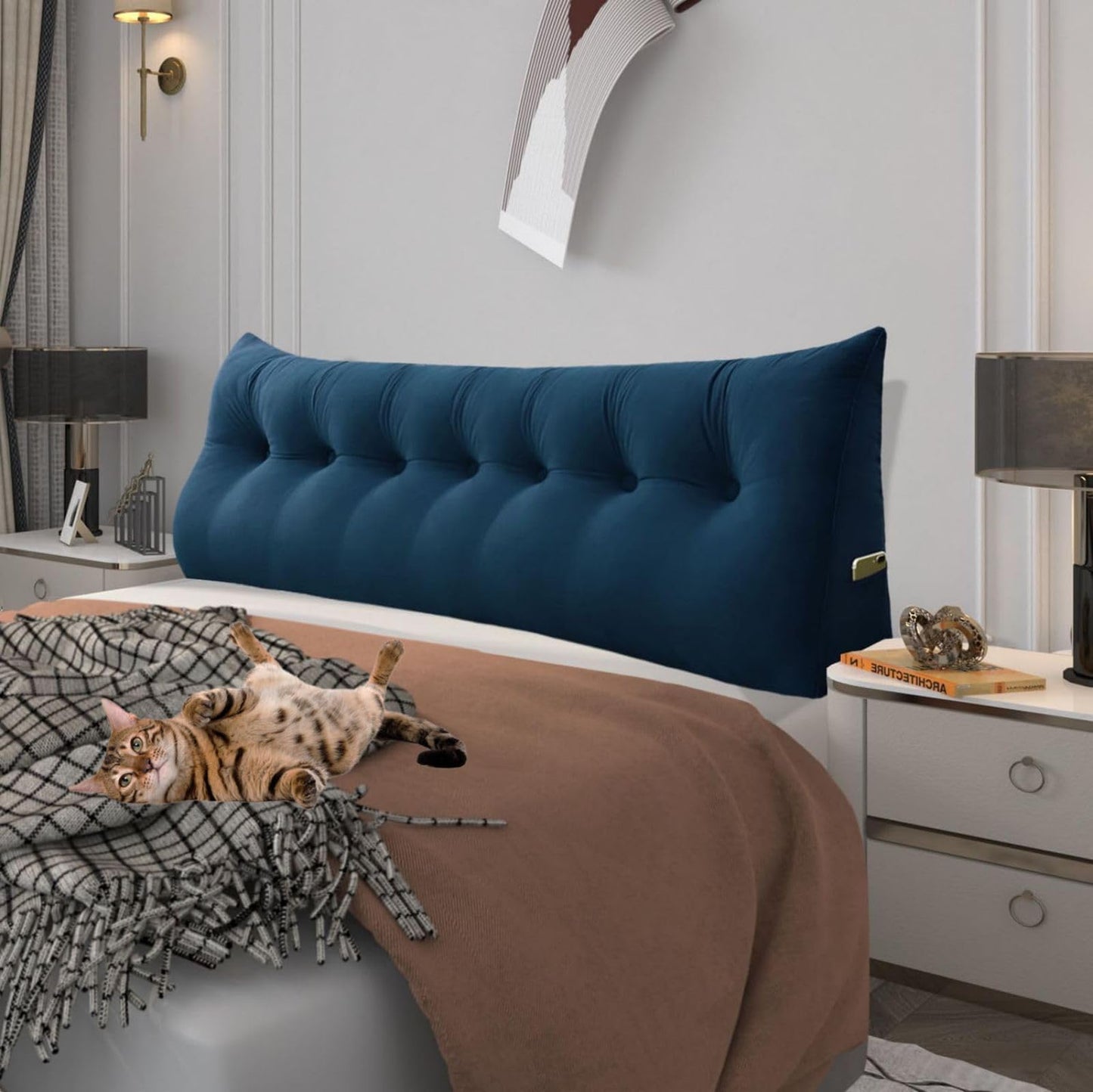 Melhany Queen Size Wedge Headboard Pillow with Side Pockets, Velvet Back Support Reading Pillow with Removable Washable Cover