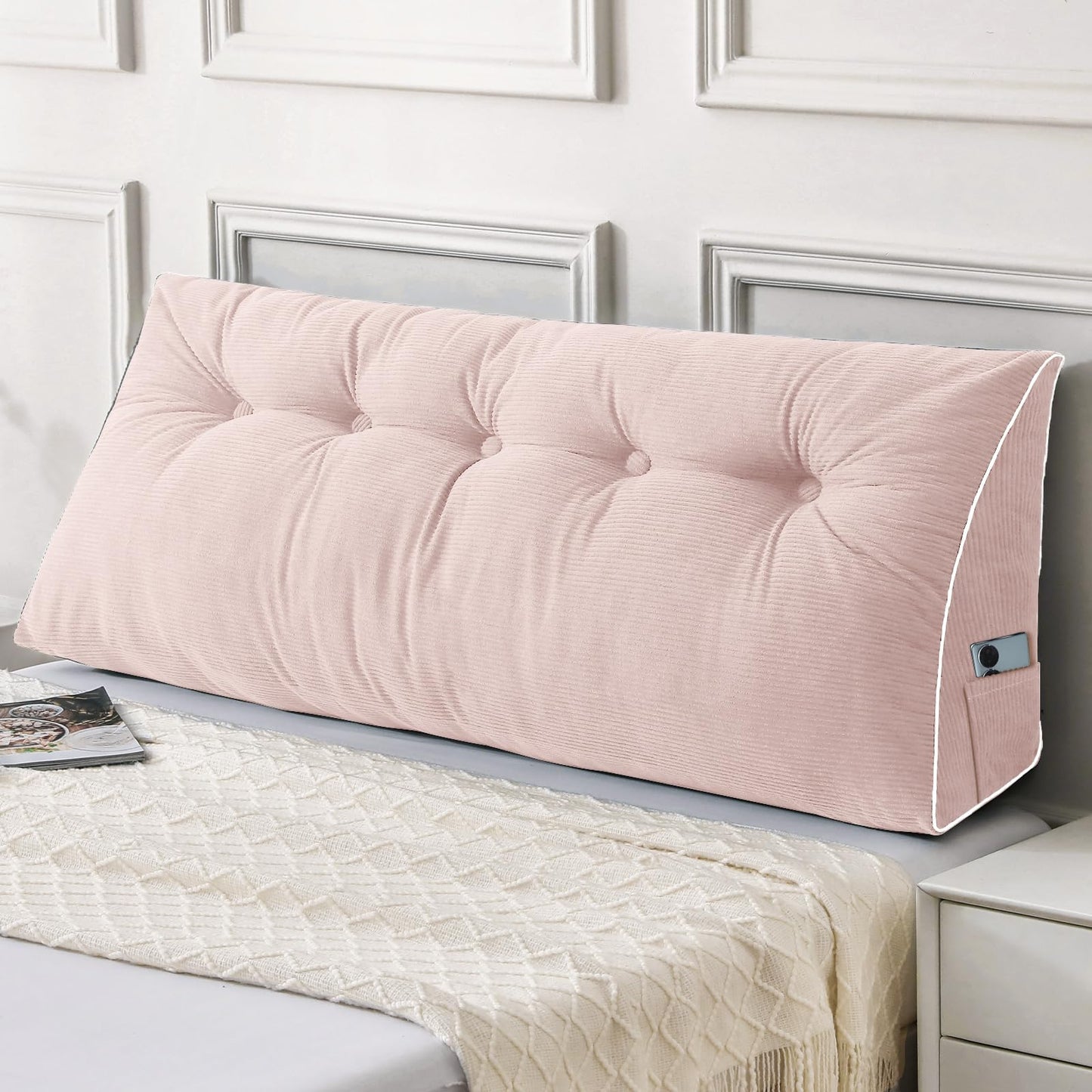 Melhany Queen Size Wedge Headboard Pillow Set with 2 Bolster Pillows, Velvet Back Support Reading Pillow with Removable Washable Cover