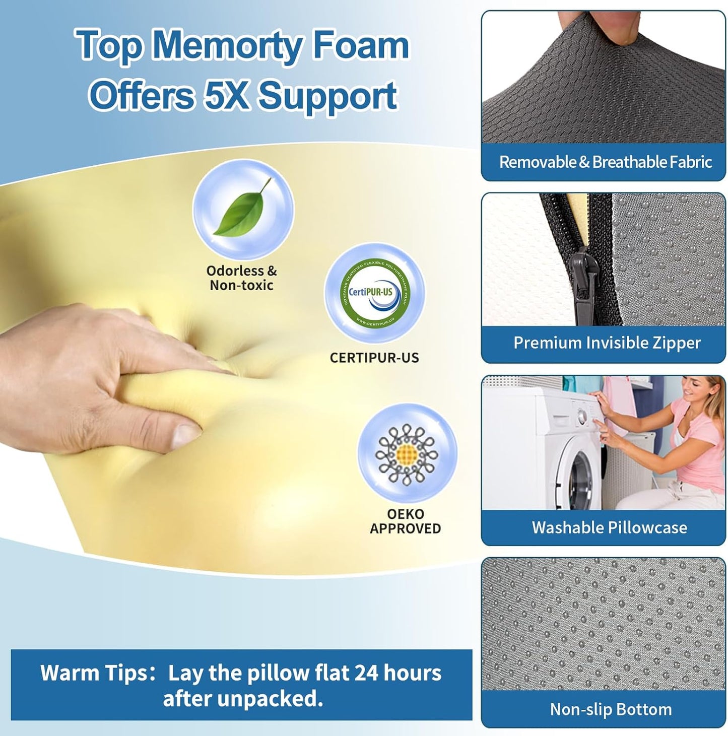 Melhany Queen Size Memory Foam Reading Pillow with Detachable Neck Roll, Bed Rest Back Support Pillow with Arms, Grey & White