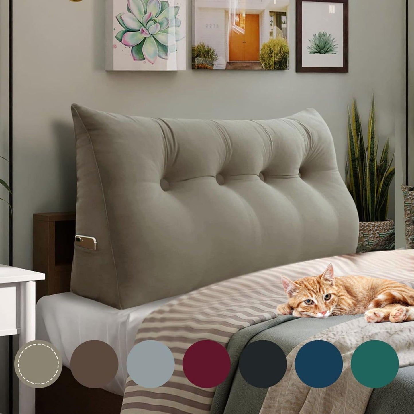 Melhany Queen Size Wedge Headboard Pillow with Side Pockets, Velvet Back Support Reading Pillow with Removable Washable Cover