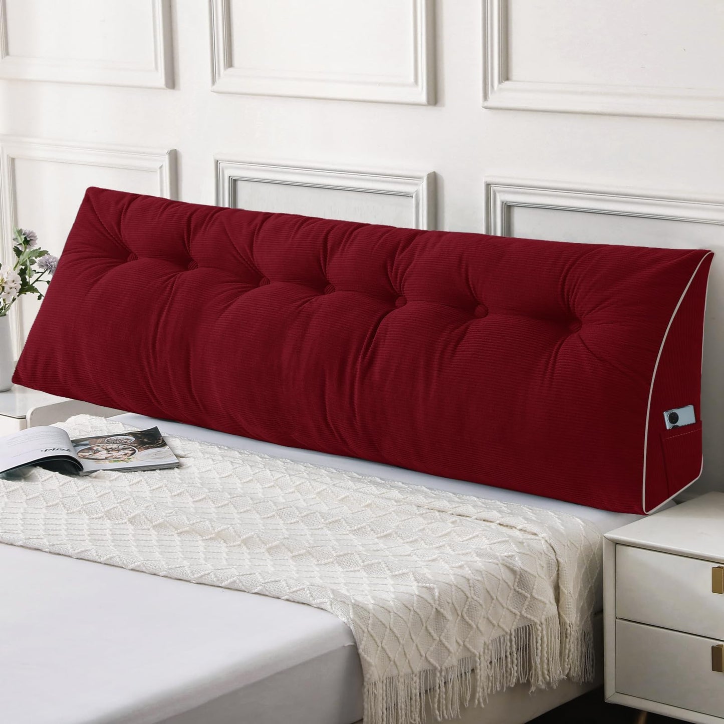 Melhany Queen Size Wedge Headboard Pillow Set with 2 Bolster Pillows, Velvet Back Support Reading Pillow with Removable Washable Cover