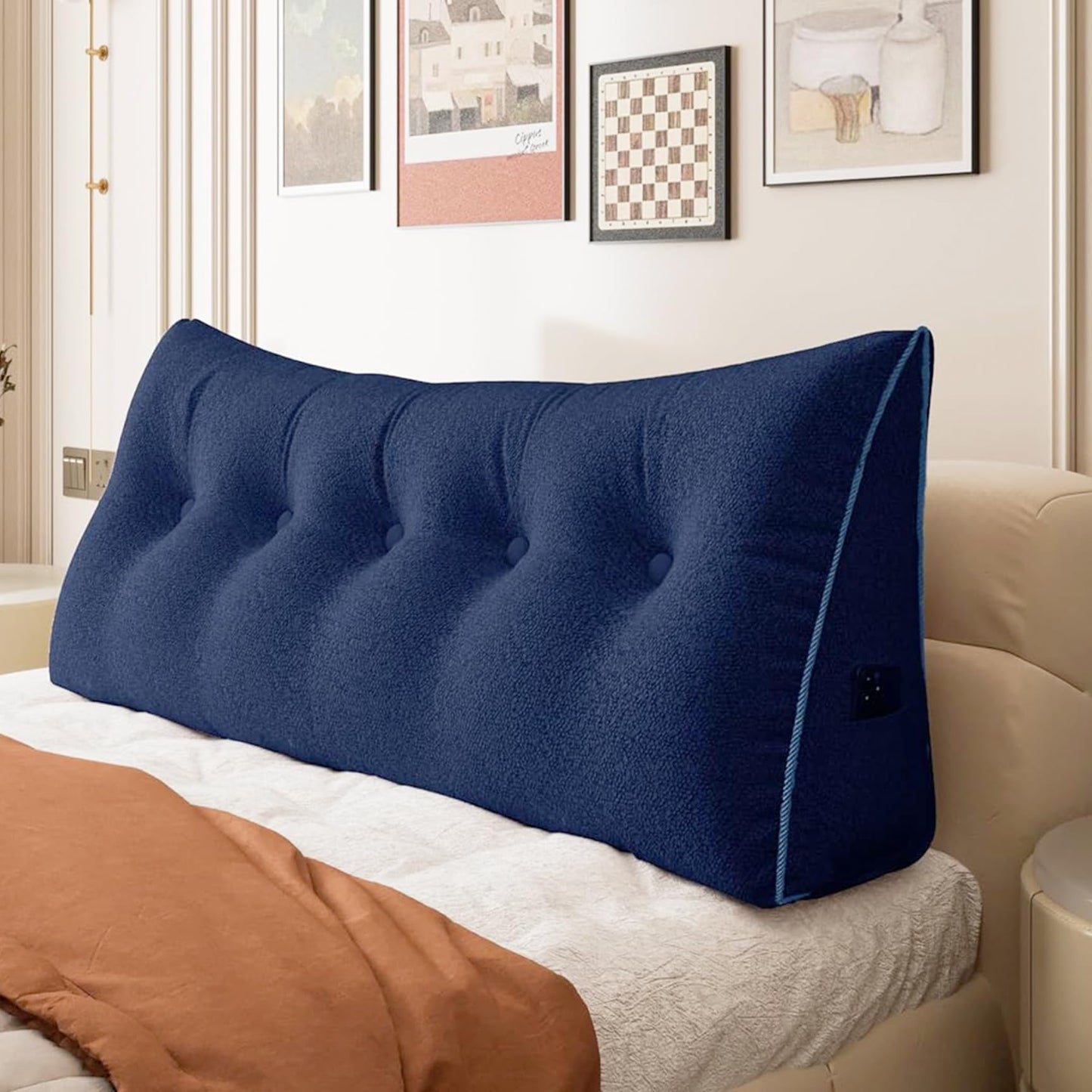 Melhany Queen Size Wedge Headboard Pillow with Side Pockets, Velvet Back Support Reading Pillow with Removable Washable Cover
