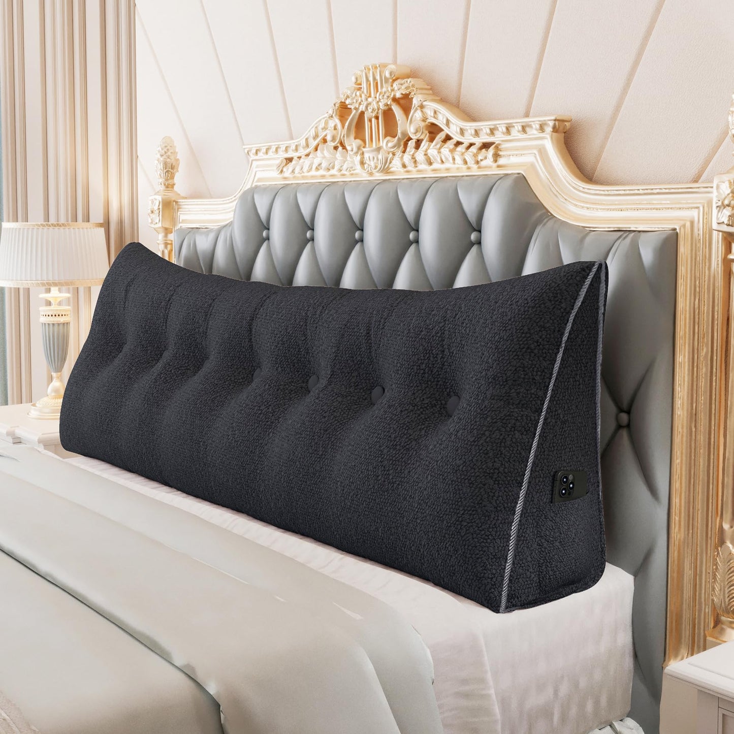 Melhany Queen Size Wedge Headboard Pillow with Side Pockets, Velvet Back Support Reading Pillow with Removable Washable Cover