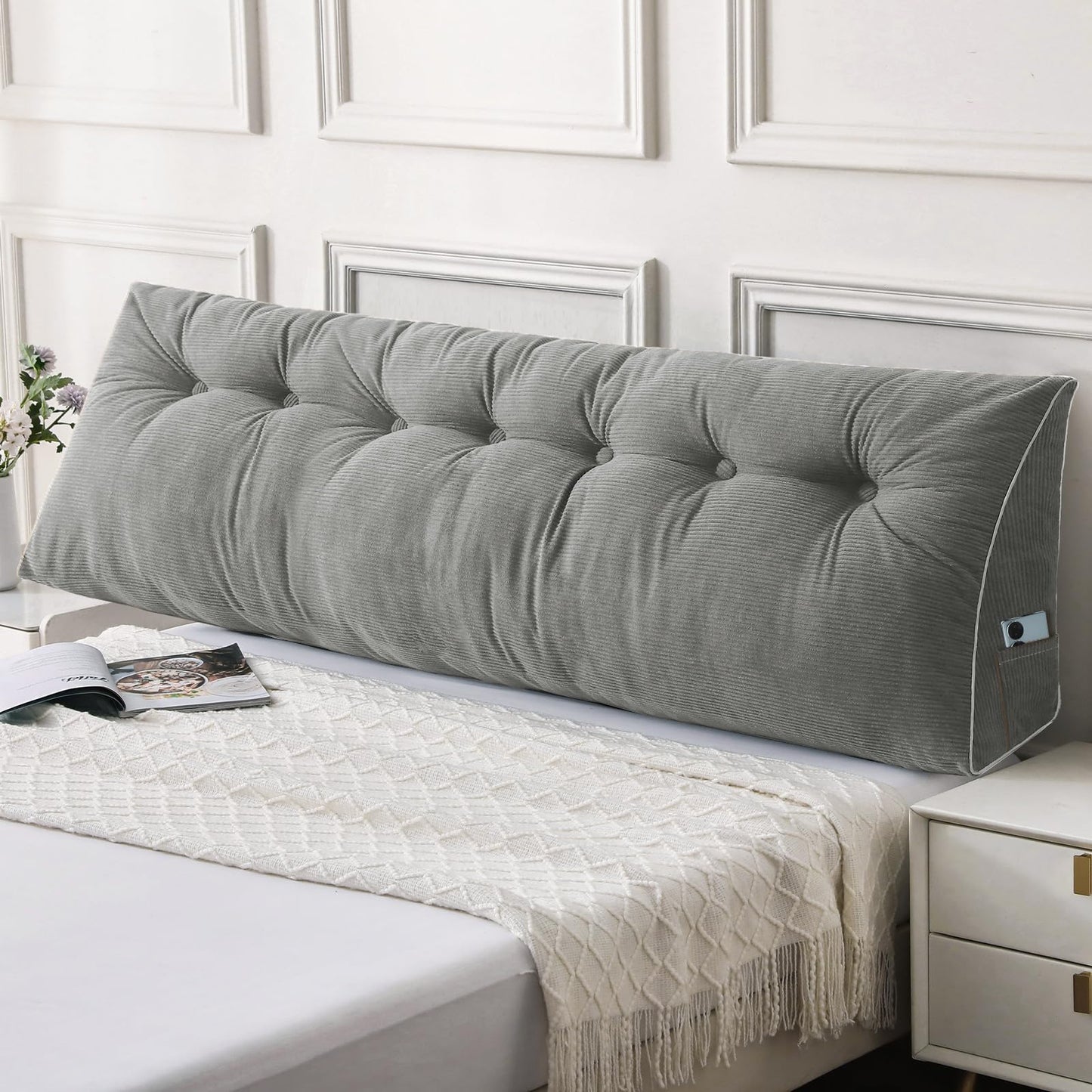 Melhany Queen Size Wedge Headboard Pillow Set with 2 Bolster Pillows, Velvet Back Support Reading Pillow with Removable Washable Cover