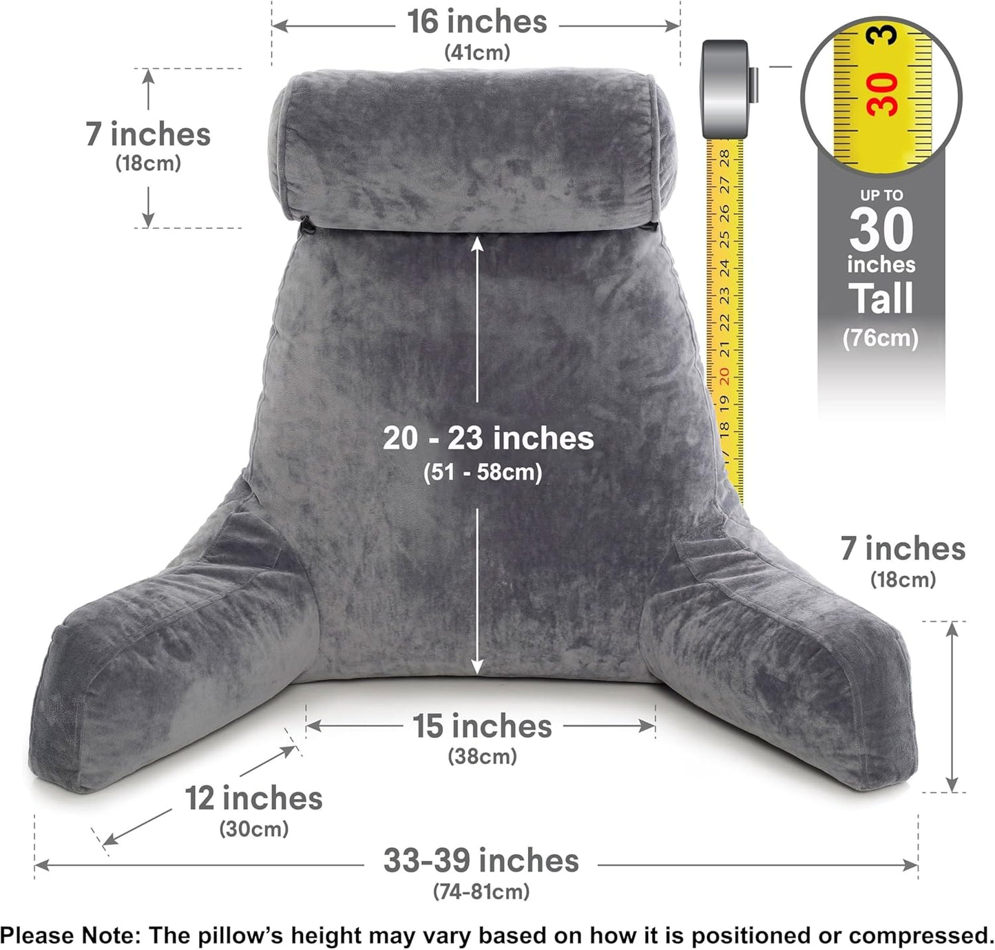 Melhany XX-Large Reading Pillow with Arms and Neck Roll, Shredded Memory Foam Bed Rest Pillow with Removable Cover and Side Pockets, Grey