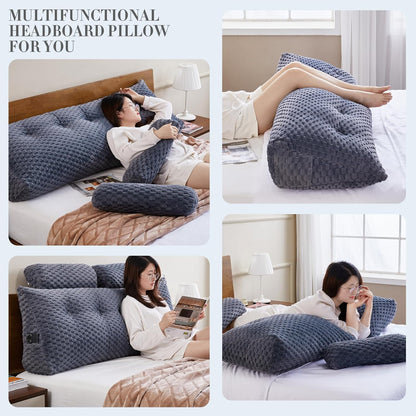 Melhany Queen Size Wedge Headboard Pillow Set with 2 Roll Pillows, Velvet Back Support Reading Pillow with Removable Washable Cover