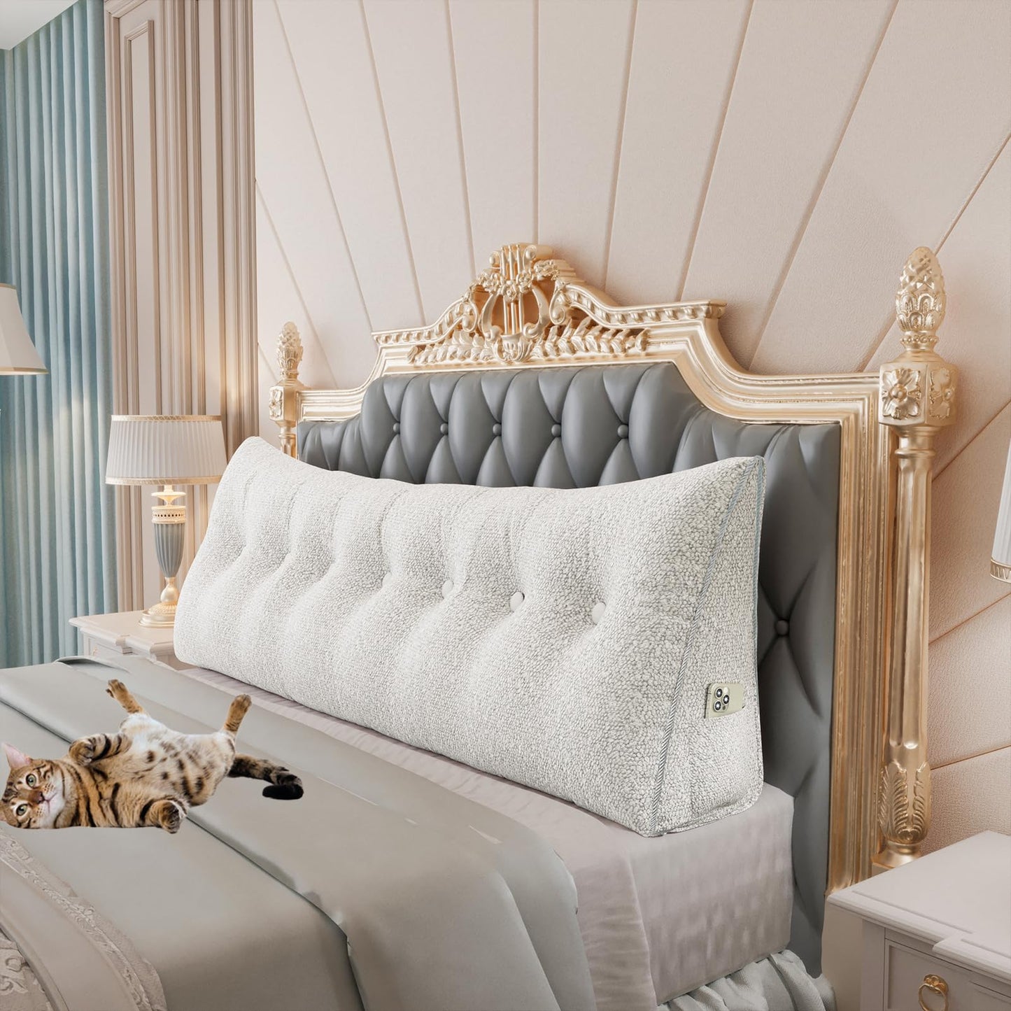 Melhany Queen Size Wedge Headboard Pillow with Side Pockets, Velvet Back Support Reading Pillow with Removable Washable Cover