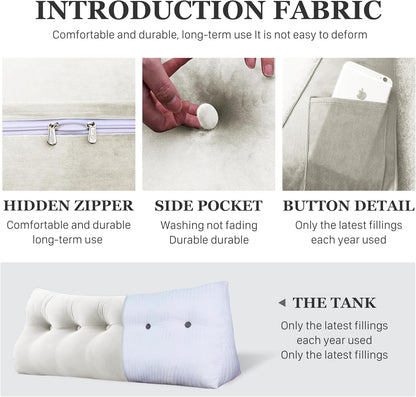 Melhany Queen Size Wedge Headboard Pillow with Side Pockets, Velvet Back Support Reading Pillow with Removable Washable Cover