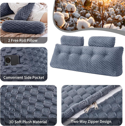 Melhany Queen Size Wedge Headboard Pillow Set with 2 Roll Pillows, Velvet Back Support Reading Pillow with Removable Washable Cover