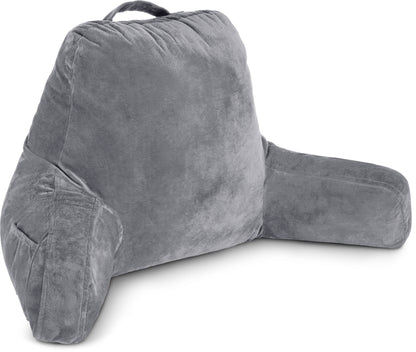 Melhany XX-Large Reading Pillow with Arms and Neck Roll, Shredded Memory Foam Bed Rest Pillow with Removable Cover and Side Pockets, Grey