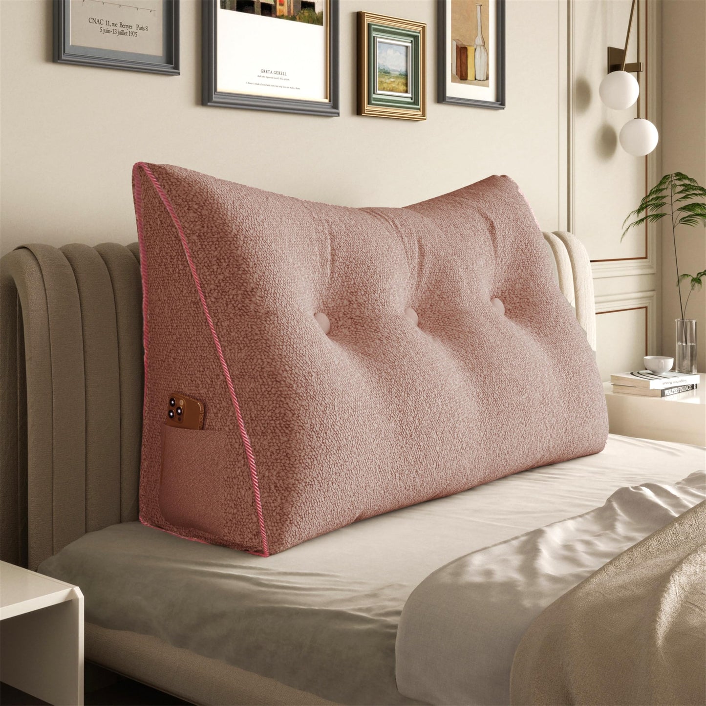 Melhany Queen Size Wedge Headboard Pillow with Side Pockets, Velvet Back Support Reading Pillow with Removable Washable Cover
